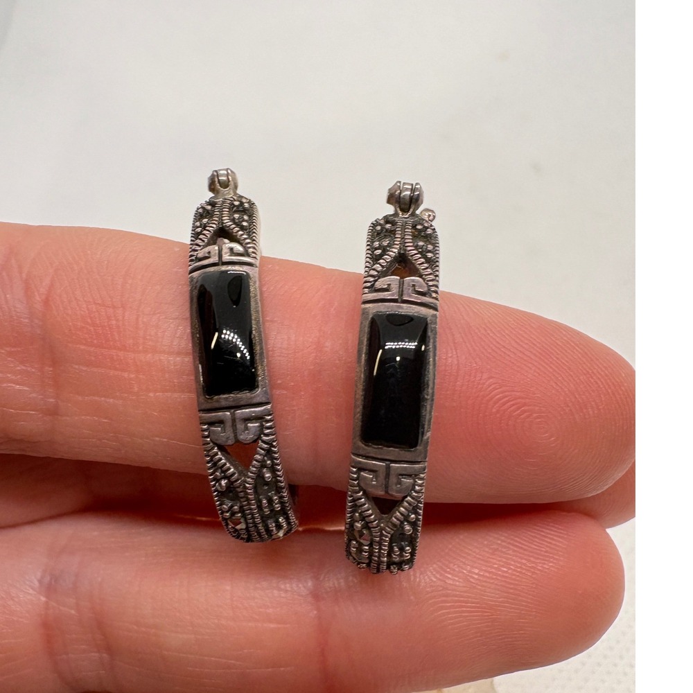 Vintage Sterling Silver Marcasite Onyx Hoop Earrings 925A Thailand 7.81g